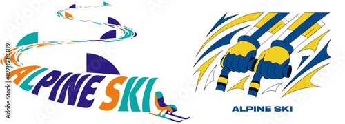 A colorful vector graphic illustration of an alpine ski logo with a skier and mountain design
