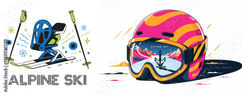 A colorful vector graphic illustration of alpine ski equipment including a helmet and goggles