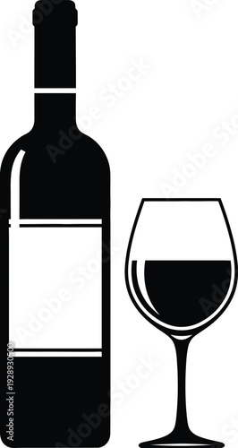 Black silhouette of a wine bottle and a glass filled with wine on a white background. Vector