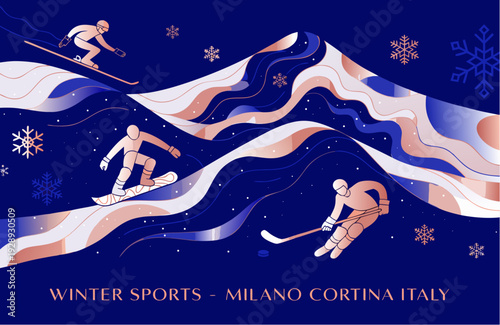 A vibrant vector graphic illustration of winter sports athletes in action, set against a stylized snowy landscape with a dark blue background.