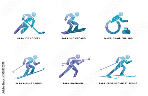 A set of six vector graphic icons depicting various winter sports for people with disabilities