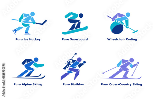 A set of six vector graphic icons depicting various winter sports for the Paralympics