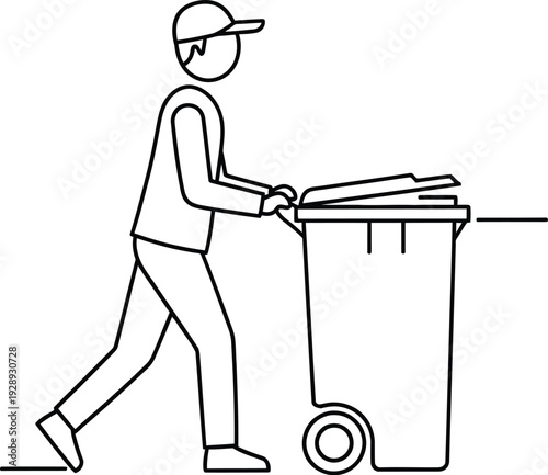 A simple line drawing of a sanitation worker pushing a large wheeled trash bin for waste disposal. Vector