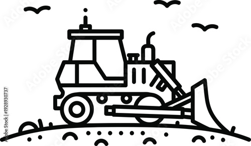 A simple line art illustration of a heavy duty bulldozer working on a construction site Vector
