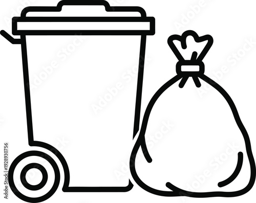 Line art illustration of a garbage bin with wheels next to a full trash bag on white background Vector