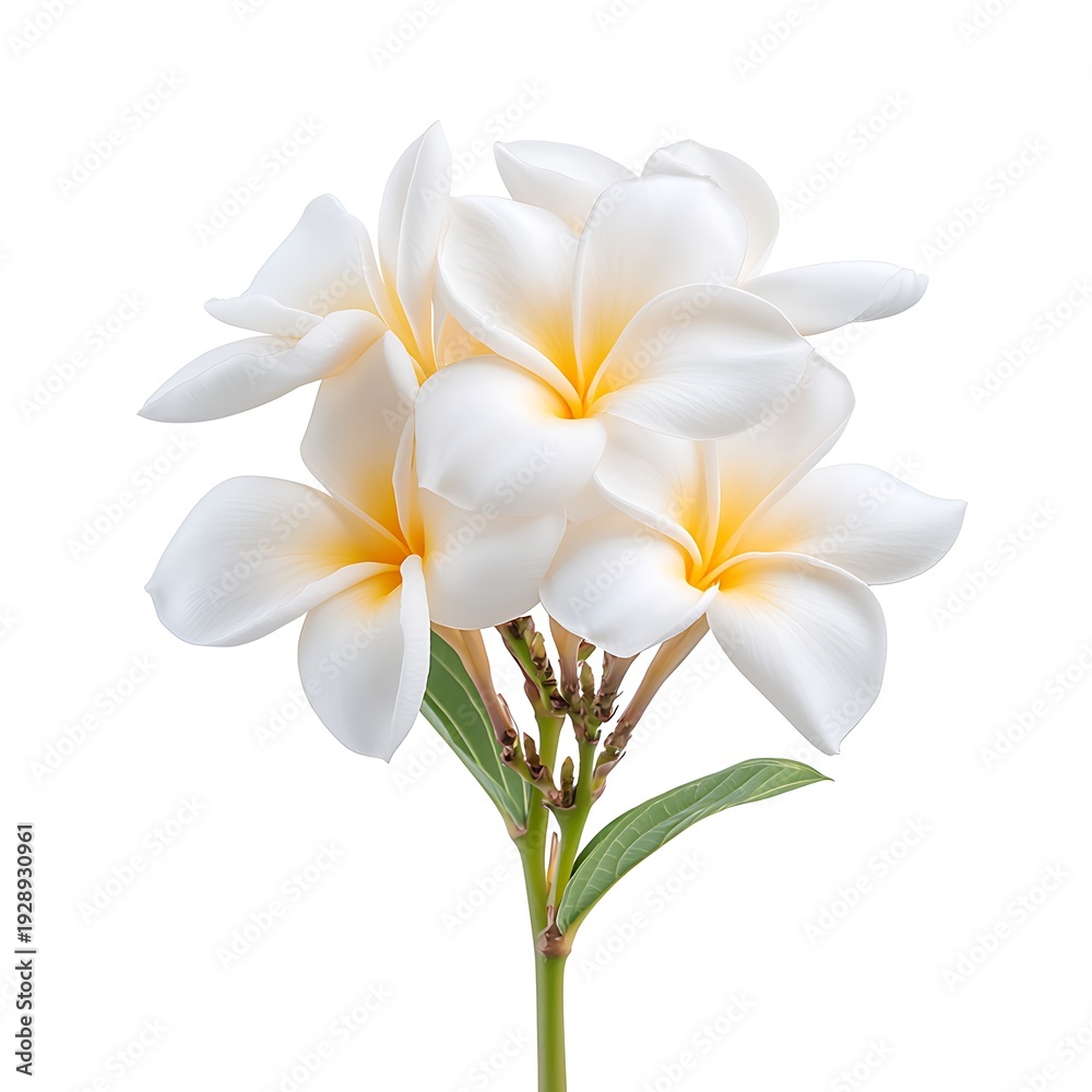 Fototapeta premium Elegant White Frangipani Flowers on Isolated Background with Soft Yellow Highlights