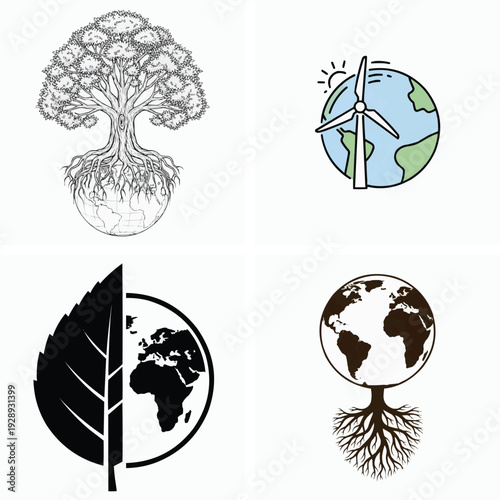 Set of ecofriendly icons representing earth and environmental conservation in simple designs
