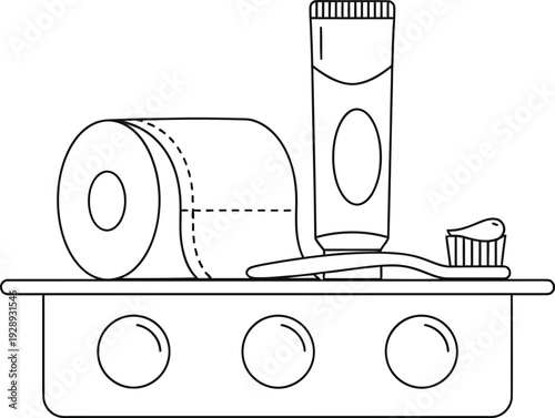 A simple line drawing of bathroom essentials including a roll of toilet paper and toothpaste.