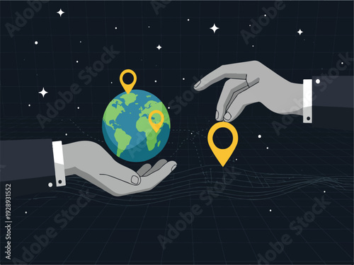 Two gray hands holding and pointing to yellow location pins on a globe and empty space on a dark background with stars and grid lines