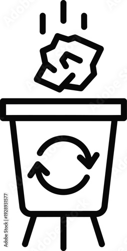 A simple black and white line icon of a crumpled paper being thrown into a recycle bin