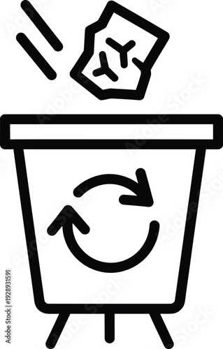 Recycling bin icon with a crumpled paper being thrown inside for waste management.