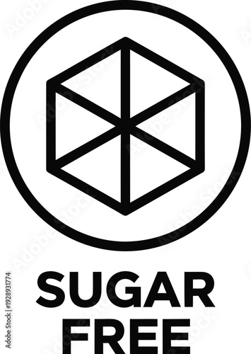 Minimalist black and white sugar free label icon with a geometric hexagon inside a circle.