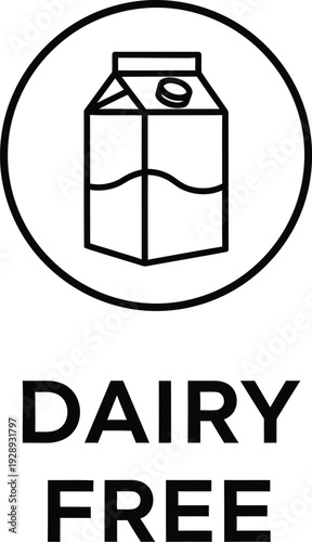 Dairy free food label icon with a milk carton illustration in a circle on a white background.
