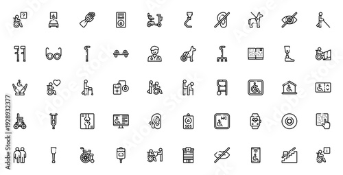 Disabled people assistance icon set. Vector symbols for wheelchair, blind, deaf, crutches, prosthetic, guide dog, ramp, braille, hospital and more. Editable stroke.