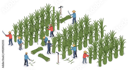People Harvesting Sugar Cane in Field.