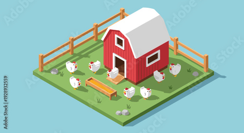 Red Barn with Chickens and Fence.
