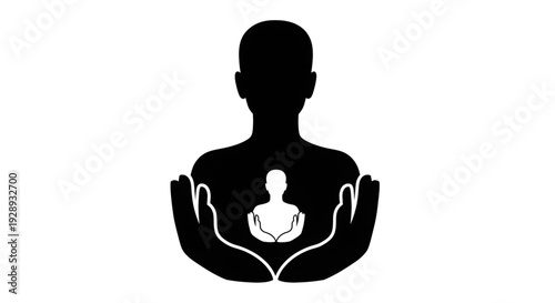 silhouette of a person torso with large hands cupping a smaller white silhouette of a person torso in the center