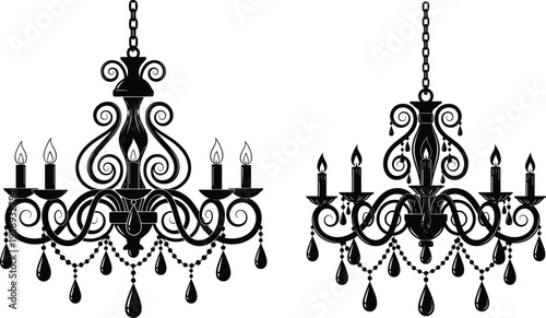 Elegant Black Silhouette Chandelier Illustrations with Ornate Scrolls Crystal Droplets and Lit Candles for Vintage Interior Design and Gothic Decorative Projects