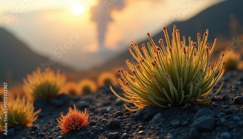 Golden Sunset Over Sparse Vegetation on Volcanic Slope With Distant Smoke Plume
