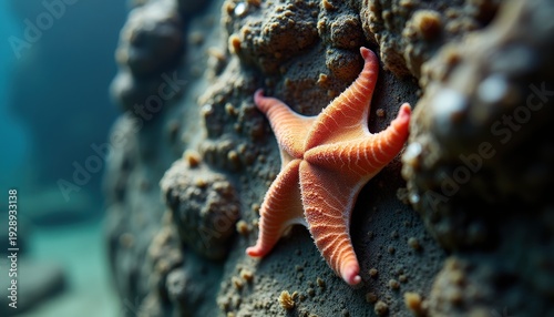 Orange Starfish Clinging to Textured Coral Reef Underwater Scene with Soft Sunlight and Ocean Blur