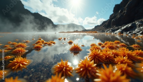 Vibrant Orange Sea Urchins Floating On A Calm Reflective Water Surface Under A Bright Sunny Sky With Dramatic Cloud