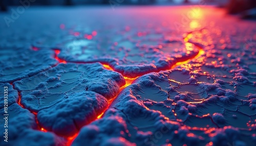 Cracked Icy Ground Illuminated by Fiery Red and Orange Glow Abstract Texture Dramatic Lighting Macro Shot