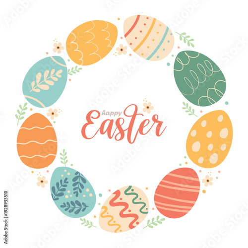 Easter greeting card with colorful eggs in a circle. Design for banner, background, card, poster.