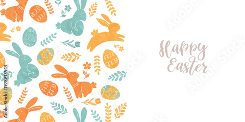 Horizontal Easter banner with eggs and with bunnies. Perfect for designing Easter banners, websites, cards and invitations.