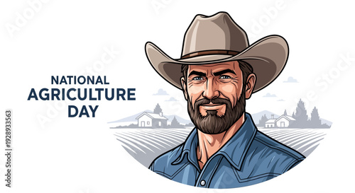 Illustration of a smiling farmer in a cowboy hat celebrating National Agriculture Day with a rural landscape background.