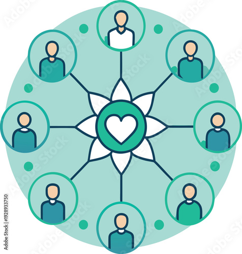 Green circle with seven connected people and central heart symbol vector illustration