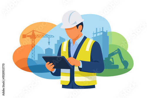 Construction worker with tablet inspecting building site plans.