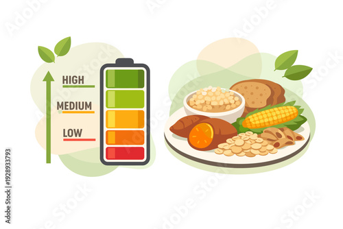Healthy Food Energy Levels Battery Indicator Illustration.