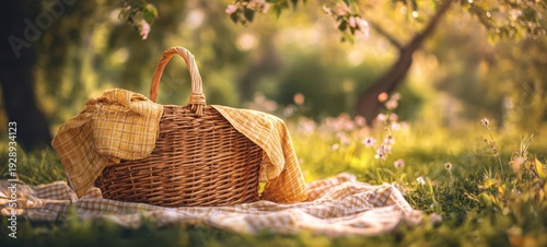 The Picnic Basket on a Checkered Blanket in a Sunlit Spring Meadow