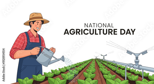 Illustration of a farmer watering crops on National Agriculture Day with a modern irrigation system in the background, celebrating American farming and sustainability.