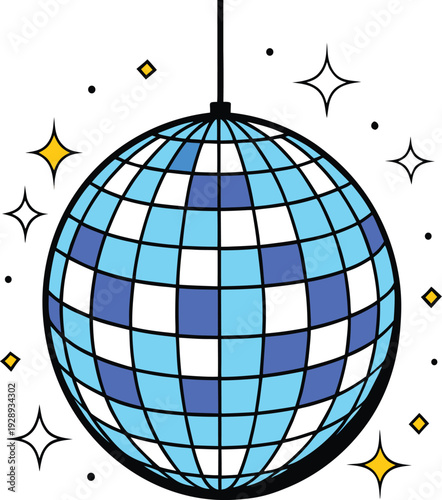Blue white grid pattern disco ball with stars and sparkles vector illustration