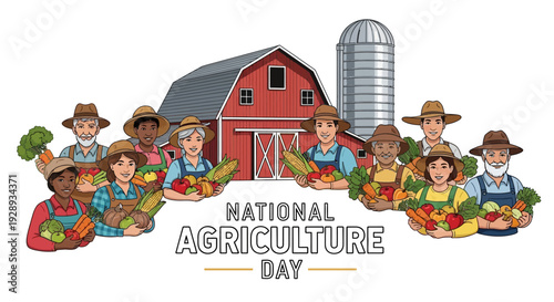 Illustration of diverse farmers and people celebrating National Agriculture Day with fresh produce in front of a barn and silo, promoting sustainability and community support.