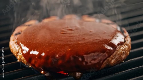 Cheese Drizzle on Juicy Beef Burger Patty Close Up, Close Up of Hot Burger Patty with Melted Cheese Sauce