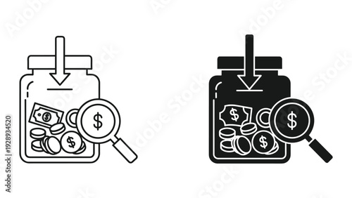 Financial analysis with money jar and magnifying glass