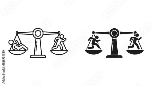 Balance between leisure and hard work with people on scales