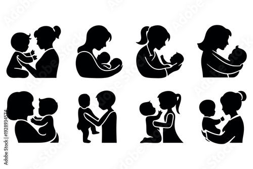 Icon set of mother and baby design vector art illustration silhouette style on a white background