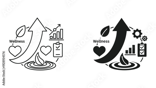 Wellness concept graphic with growth arrow and health symbols