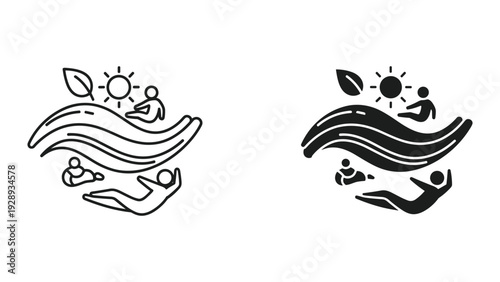 Stylized illustrations of people protected by hands under sun and leaf