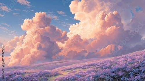 広大なラベンダー畑と夕焼けの雲景色。自然風景や癒しの背景に最適な素材。