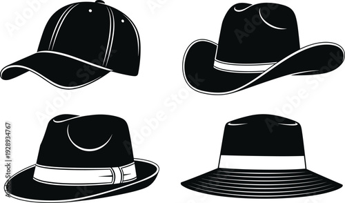 Set of Male Headwear Silhouettes Including Baseball Cap Cowboy Hat Fedora and Sun Hat Isolated on White Background for Fashion Design