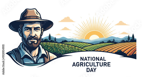 Vector illustration of a farmer on National Agriculture Day with a scenic landscape of farmland and a sunny sky