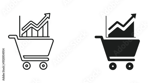 Shopping cart with growing graph and arrow, symbolizing business growth