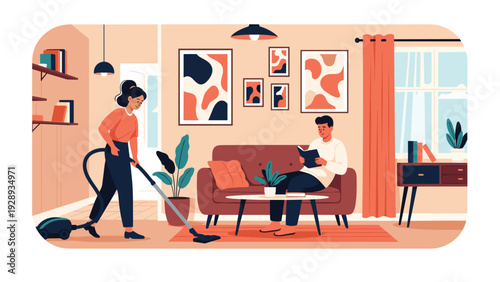 Domestic lifestyle scene where a woman uses a vacuum cleaner to tidy the living room while a man relaxes on the sofa reading.