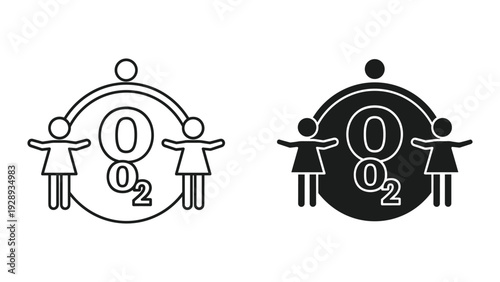Stylized icons of people holding hands around oxygen symbol