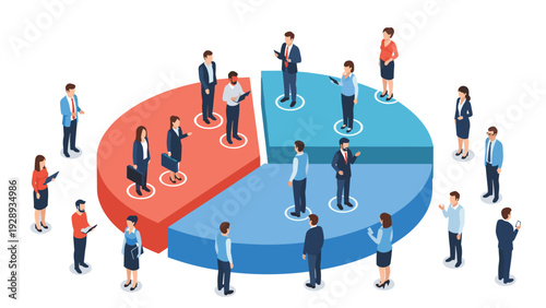 Isometric view of a diverse group of business people standing on different sections of a large 3D pie chart for data analysis.