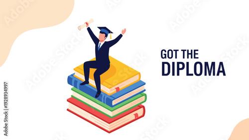Proud male graduate wearing a cap and gown sits on top of a giant stack of books while triumphantly holding his new diploma.